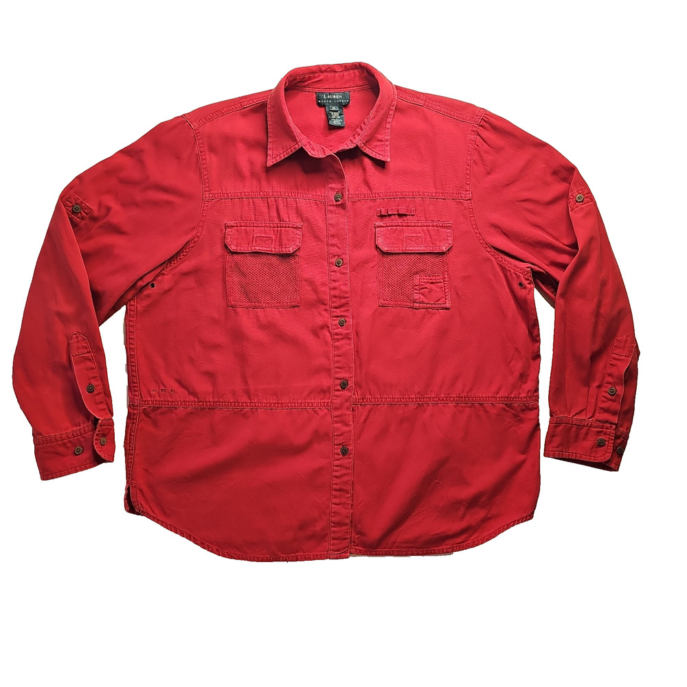 Vintage Lauren Ralph Lauren Women's XL Red Utility Safari Shirt Mesh Pockets